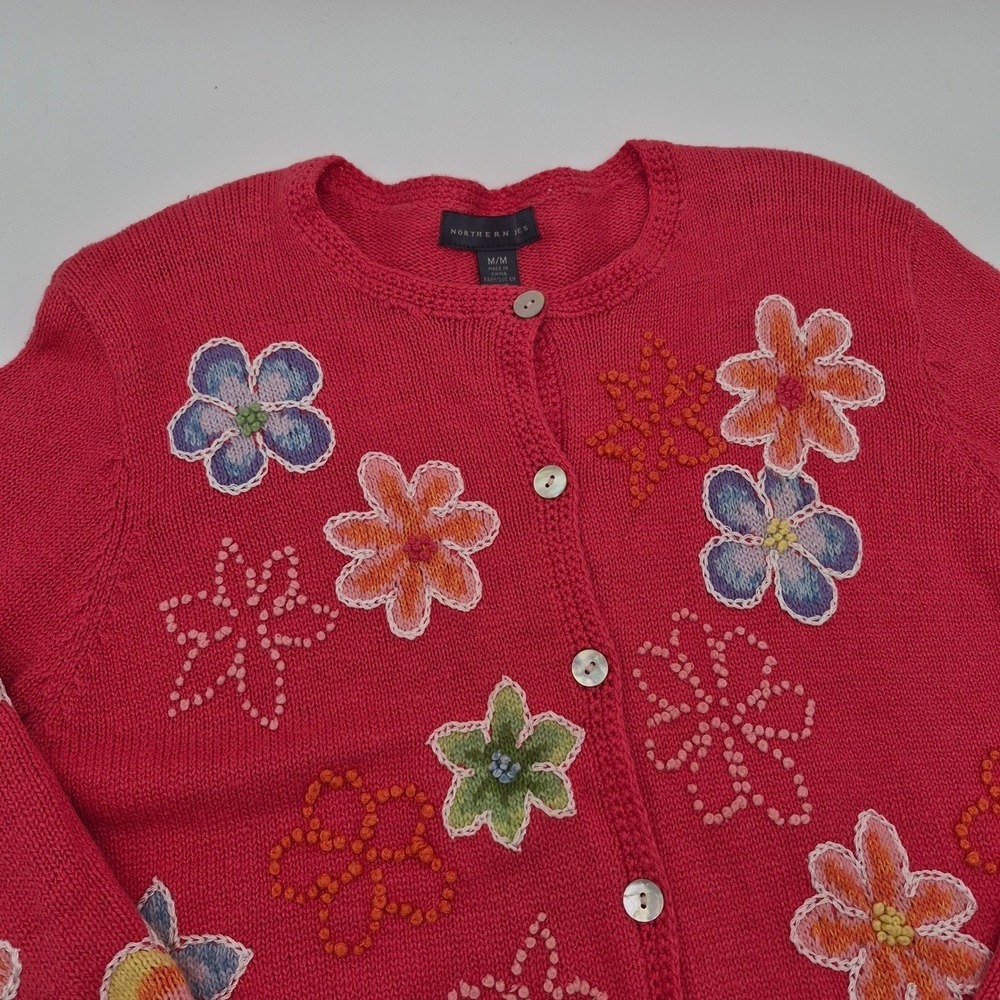 Northern Isles Pink Floral Embroidered Cardigan Sweater Ramie Cotton Medium